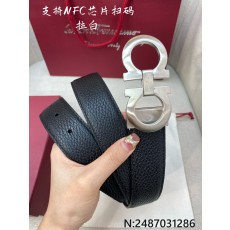 살바토레페라가모 실버 버클 가죽 블랙 벨트 3.5cm