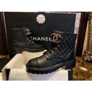 (HappyShoese공장) C.CC로고 금색 체인 로고 퀄팅 앵클 부츠