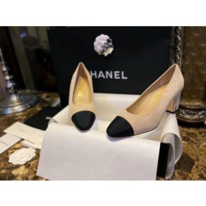 (HappyShoese공장) C.CC로고 스웨이드 배색 베이지 청키 구두