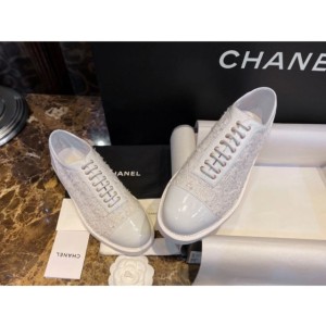 (HappyShoese공장) C.금색 CC로고 레더 트위드 옥스퍼드 슈즈 더비 슈즈 화이트