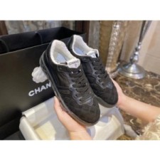 (HappyShoese공장) C.모노그램 스웨이드 퀼팅 레이스업 스니커즈 블랙