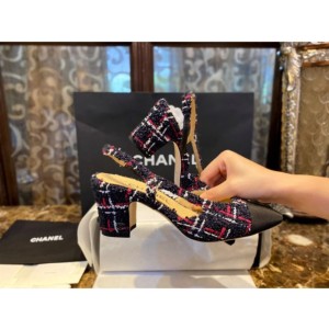 (HappyShoese공장) C.배색 CC 로고 트위드 미드힐 슬링백 2컬러