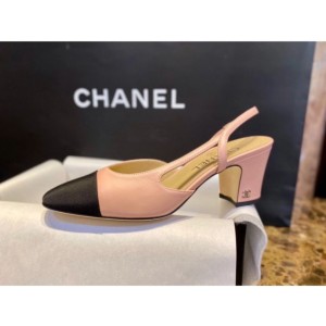 (HappyShoese공장) C.배색 미드힐 슬링백 핑크