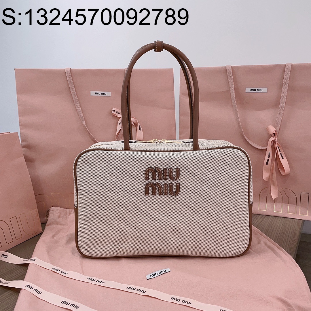 [JHL] 미우미우 캔버스 보 백 5BB117 34*23*12cm 베이지 브랜디